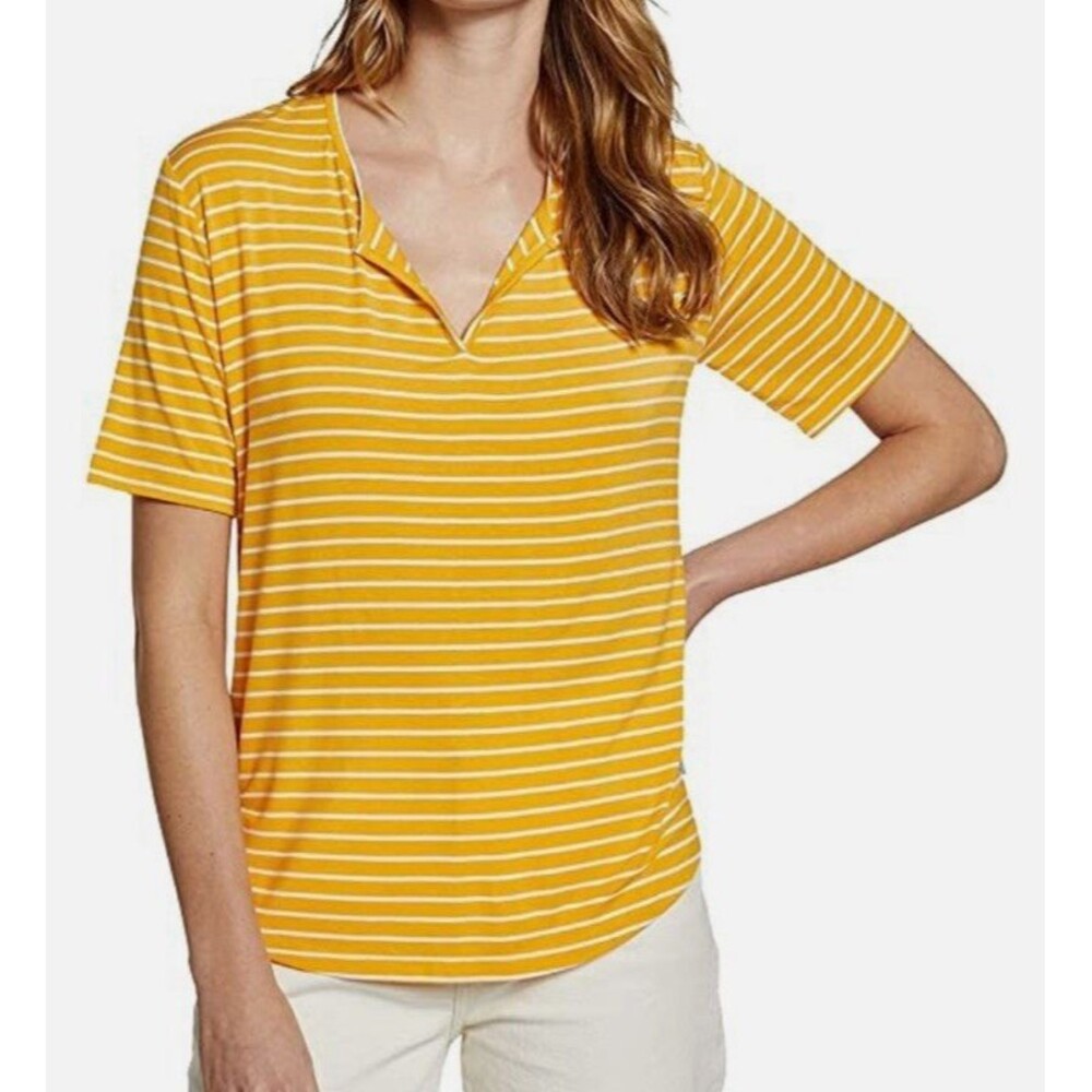 Eddie Bauer Top Womens Size XL Yellow White Striped 3/4 Sleeve V-Neck Knit Tee
